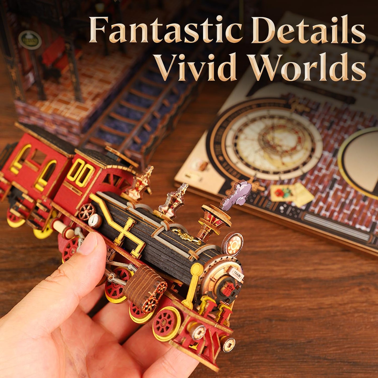 Book Nook Kit - DIY Book Nook Kits for Adults and Teens, 3D Puzzle Miniature House Kit with LED Lights, Elegant Wooden Book Stand Insert Decoration (Magic Station)