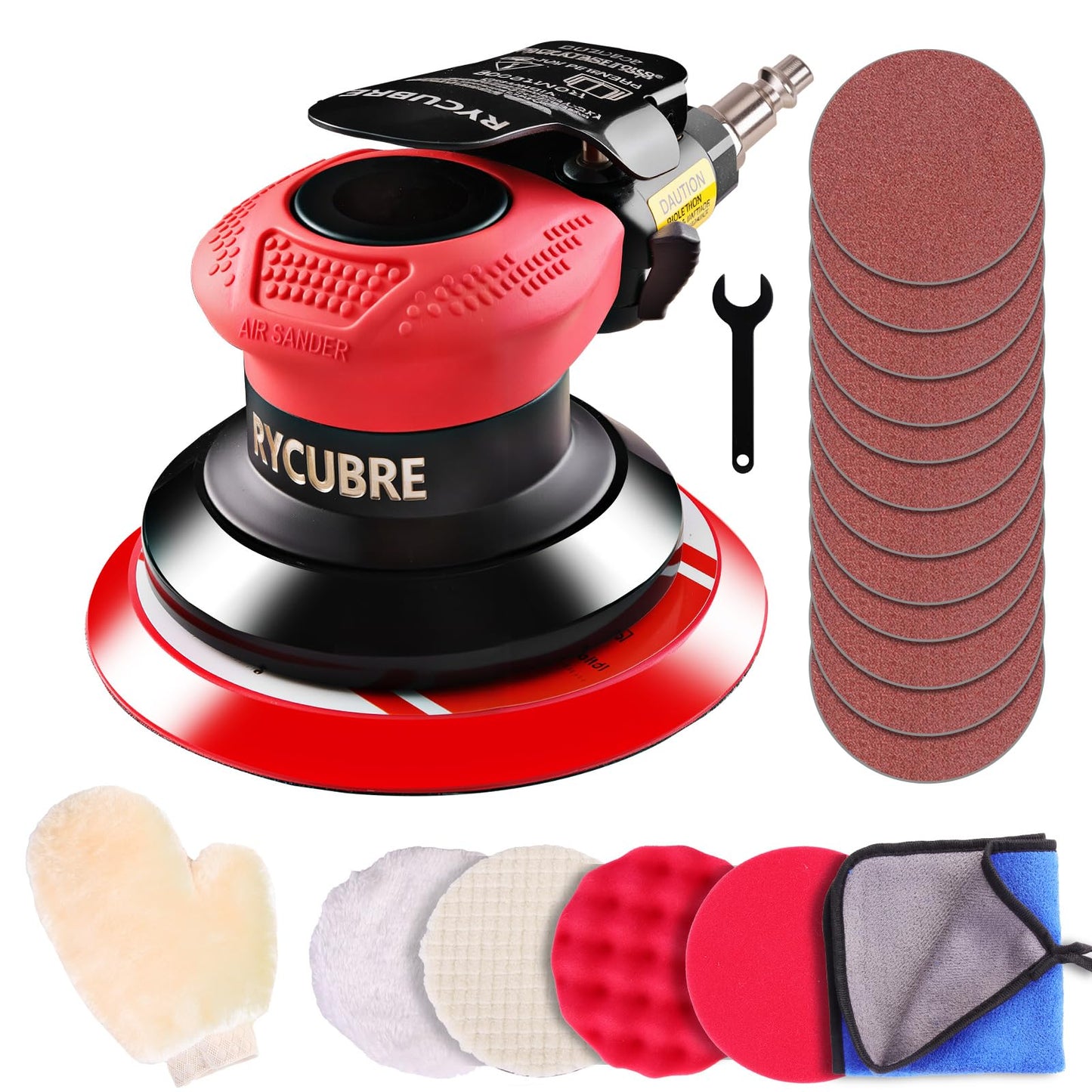 Pneumatic Air Sander – 5-Inch DA Palm Sander, High-Speed Random Orbital Sander for Woodworking & Auto Polishing (including 12 sandpaper + 4 polishing pads + accessories)