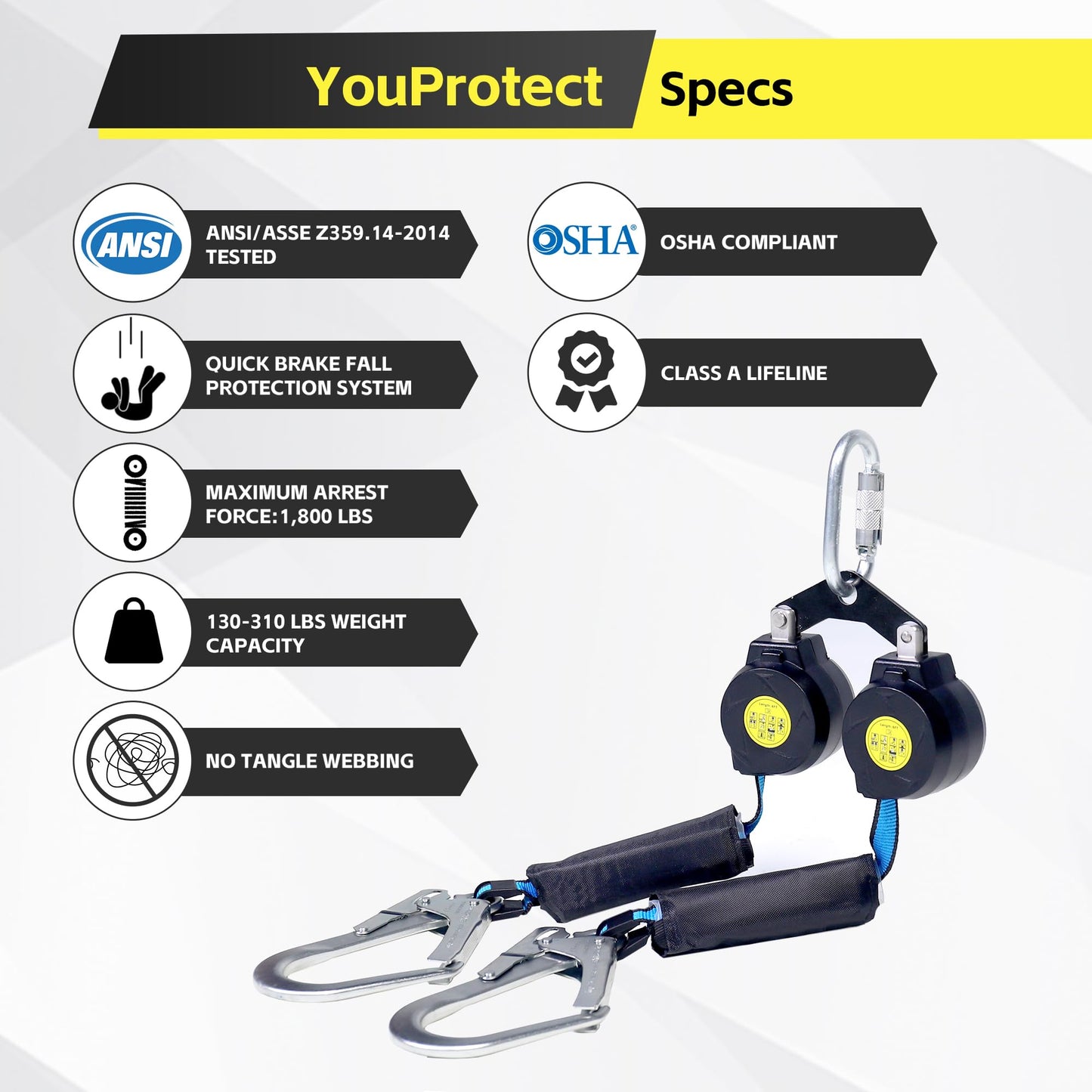 6 FT Dual Leg Self-Retracting Lifeline Web Lanyard Retractable, 2.36 inch Gate Opening Twin Steel Locking Hooks, Double Yoyo, Shock Absorber | Fall Protection OSHA & ANSI Compliant SRL