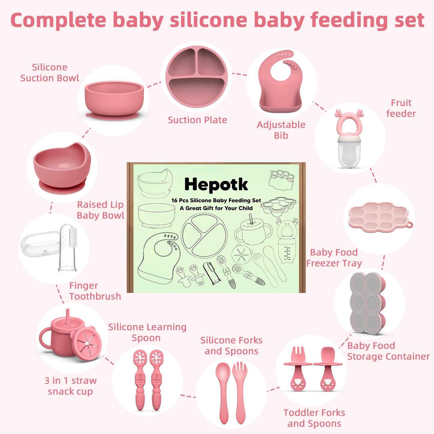 16 Pack Silicone Baby Feeding Set, BPA-Free Baby LED Weaning Supplies, Include Suction Plates, Baby Bowls, Silicone Fork & Spoon, and More, First Stage Baby Food Eating Utensils - 6+ Months(Pink, 16)