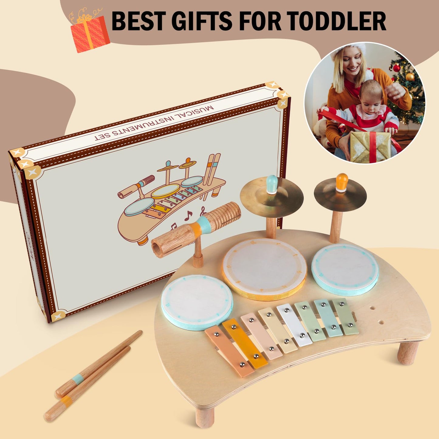 Toddlers Drum Set Toys for 3 Year Old Boy Girls,Baby Drum with Xylophone for Toddlers 3,Musical Instruments, Kids Wooden Montessori Toys, Christmas Birthday Gifts for Age 3+ (Drum Set)