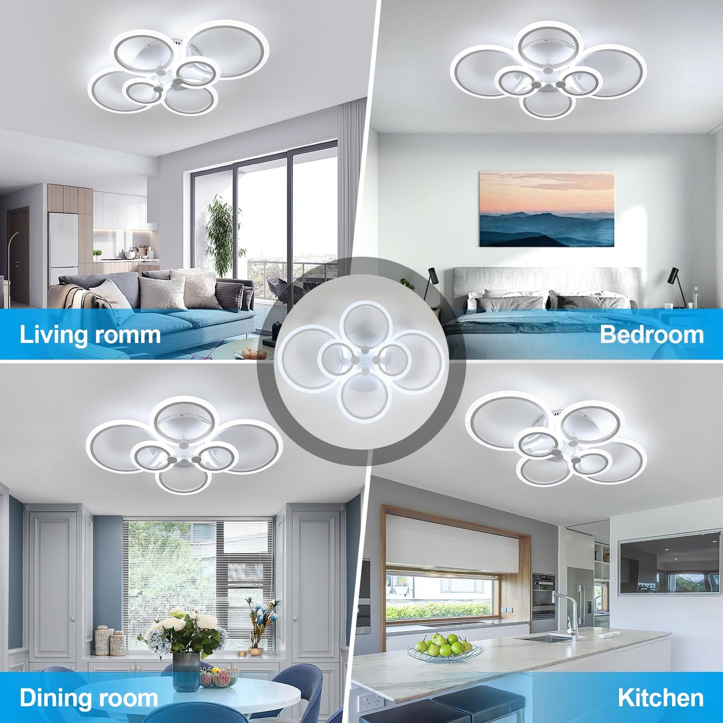 DELIPOP Modern Ceiling Light, White 6 Rings Flush Mount Ceiling Light, 31 Inch 6500K Cool White Led Chandelier Lighting for Bedroom, Living Room, Kitchen, Dining Room