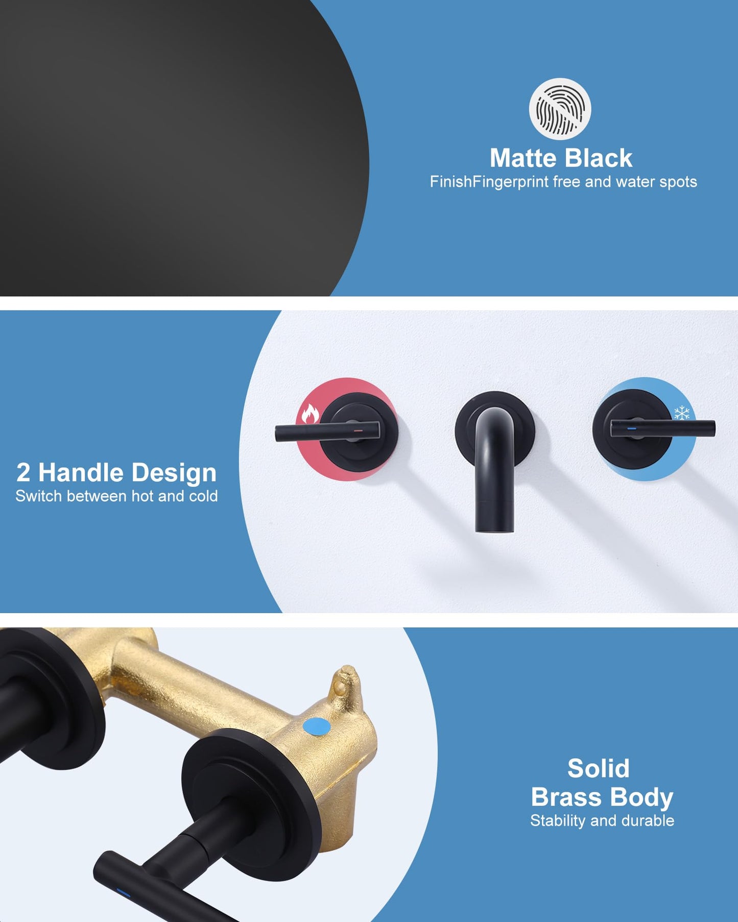 WOWOW Wall Mount Bathroom Faucet Matte Black Wall Faucet High Flow Two Handles Stainless Steels,Long Spout Reach,Widespread Bathroom Sink with Rough-in Valve 3 Holes Elegant Classic Spout