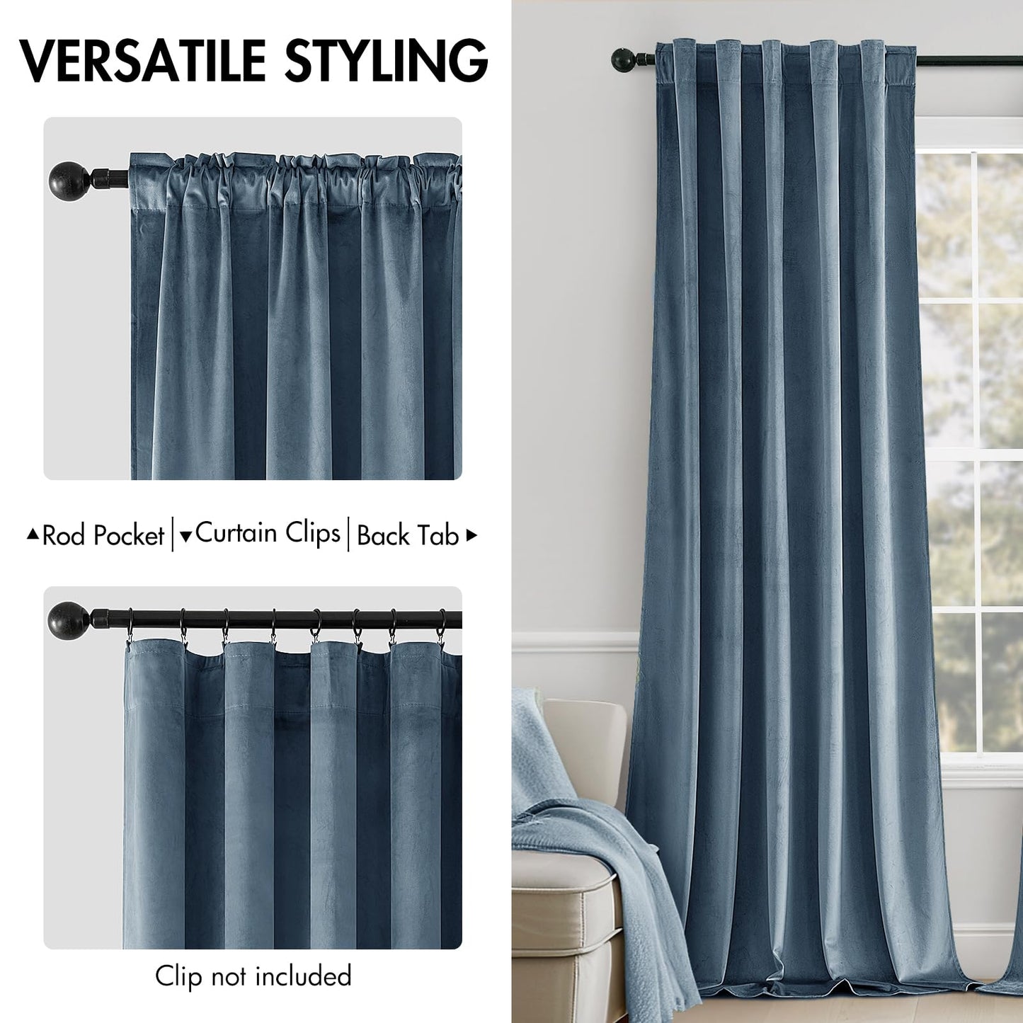 MIULEE Velvet Curtains 84 inches - Luxury Blackout Curtains for Bedroom Living Room Super Soft Light Blue Thermal Insulated Dusty Blue Window Drapes Back Tab, Stone Blue, W52 x L84 inches, 2 Panels