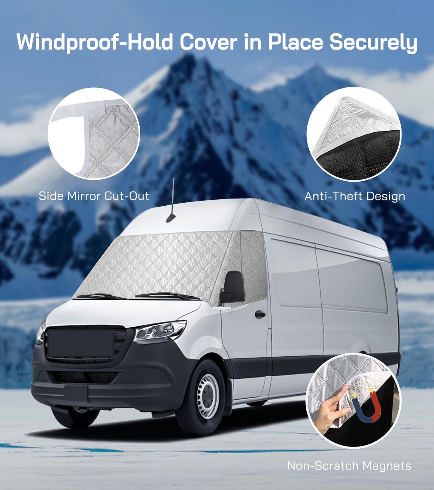VANNCAMP Windshield Cover for Mercedes Sprinter Van 2007-2026, Class C Windshield Snow Cover, Front Window Sunshade for UV Protection & Privacy Shield, White with Mirror Cutouts