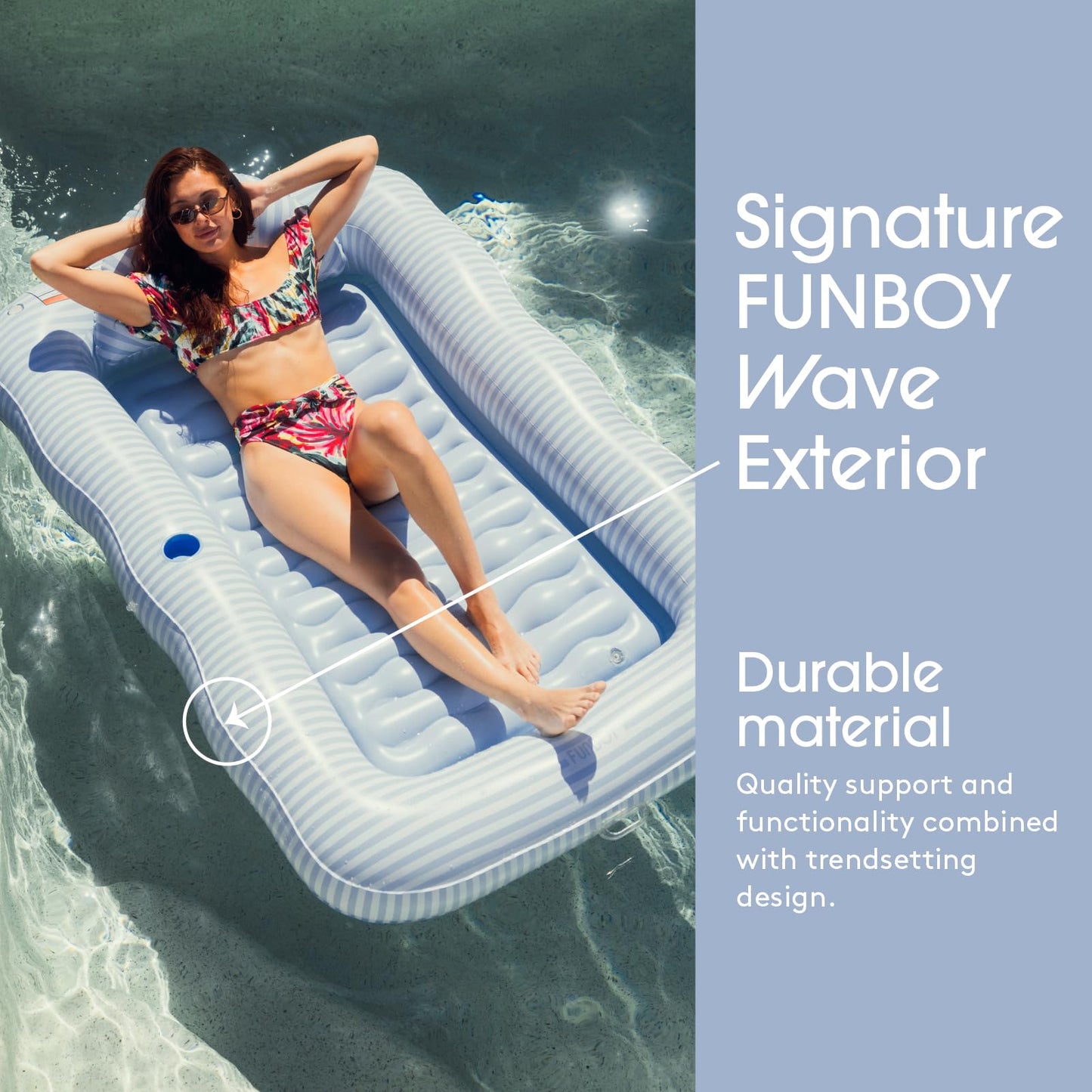 FUNBOY Blue Stripe XL 72"x48" Luxury Inflatable Tanning Pool Lounger Float for Adults, with Custom Pillow, Large Cup Holder & Handles, for Backyard, Beach & Lake Summer Outdoor Use