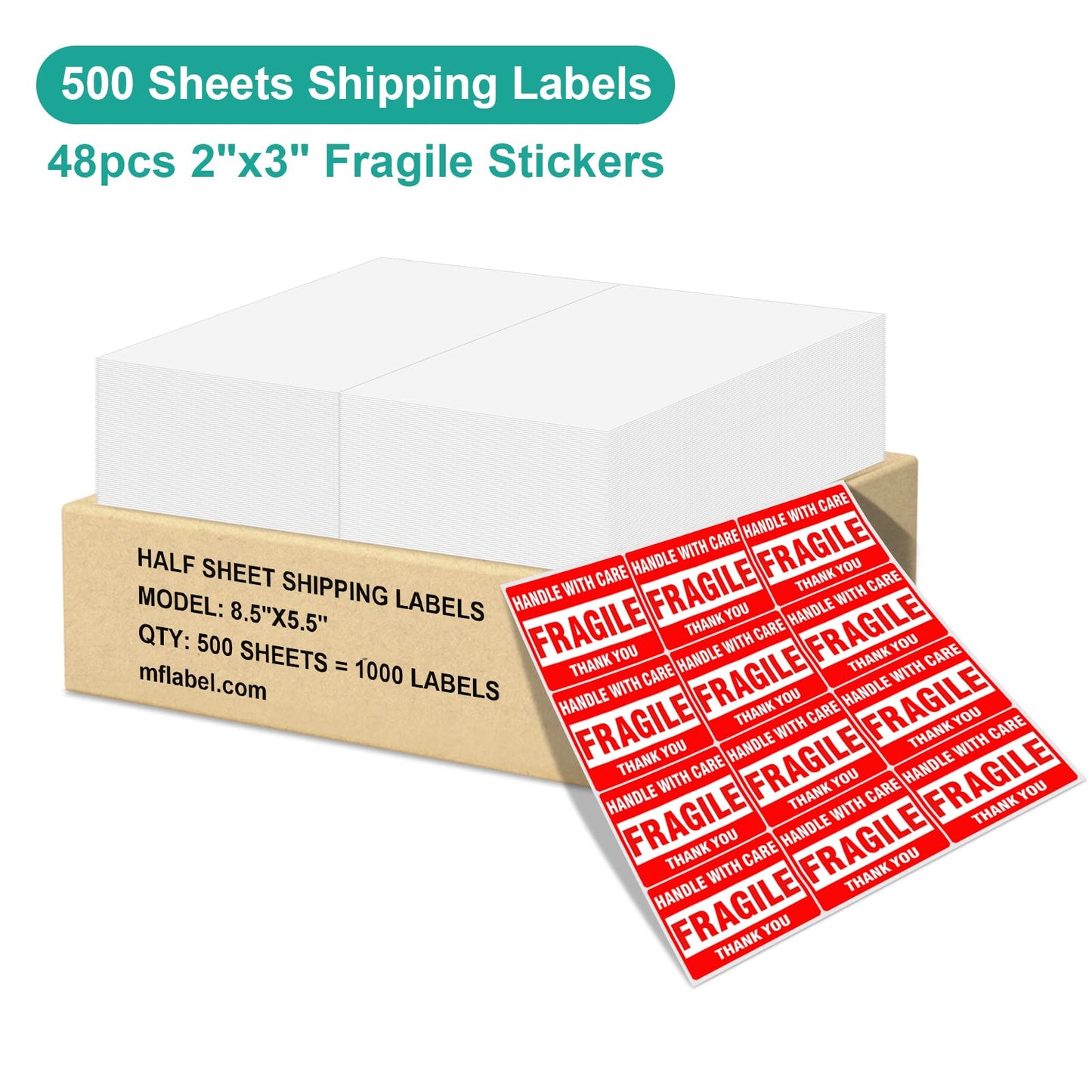 MFLABEL 8.5 x 11 Inch Half Sheet Shipping Labels - 1000 Adhesive Sticker Papers for Laser & Inkjet Printer (500 Sheets, 48 Free Fragile Stickers) - Ultimate Pack for FBA, Packages & Mailings