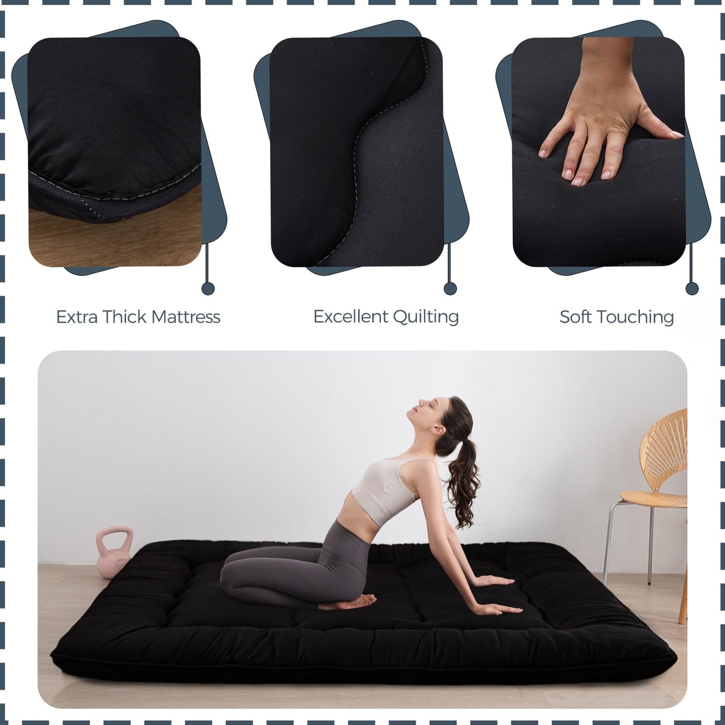 MAXYOYO 6" Extra Thick Japanese Futon Mattress, Foldable Tatami Pad for Adults, Floor Bed Roll Up Guest Mattress, Black, Full