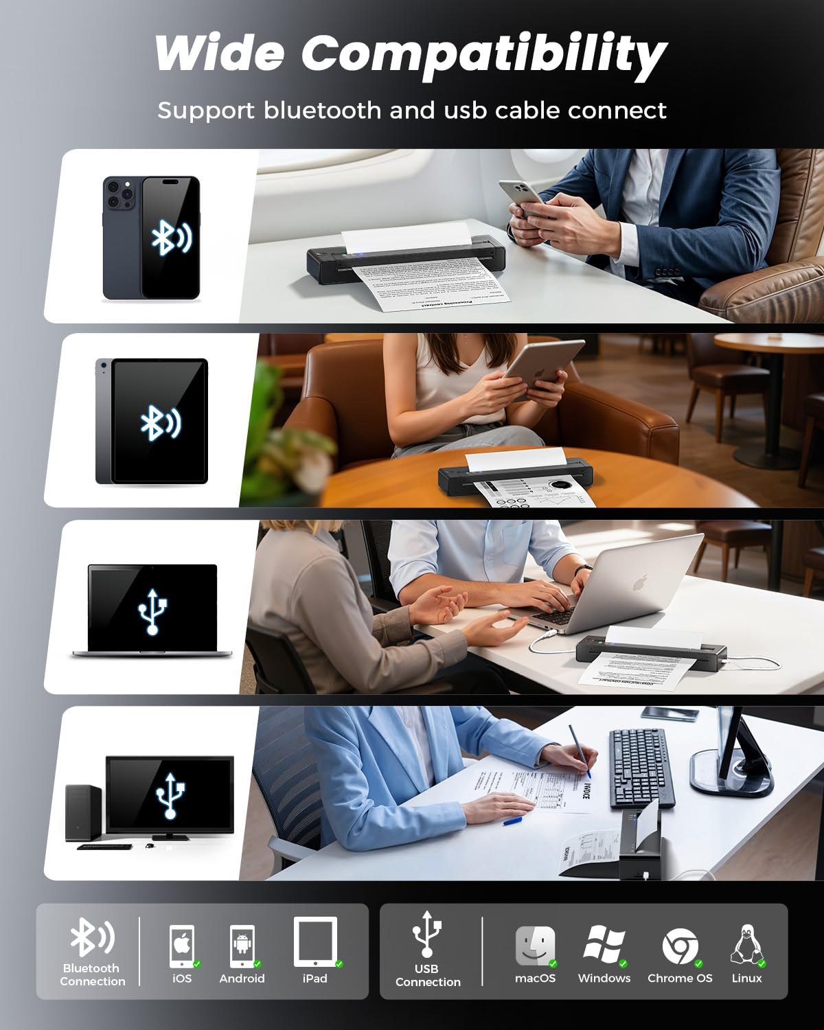 TATTMUSE Portable Printers Wireless for Travel, Inkless Printer Thermal Small Bluetooth Mobile for Home Use, Support 8.5" X 11" US Letter & A4 Size Thermal Paper