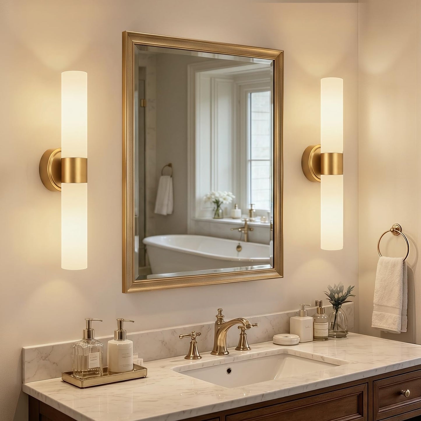 Meybiok Hardwired Wall Sconces Set of Two, Modern Bathroom Sconces Wall Lighting with Milky White Glass, Brushed Gold Sconces Wall Decor Set of 2 for Bathroom Mirror Bedroom Living Room Hallway