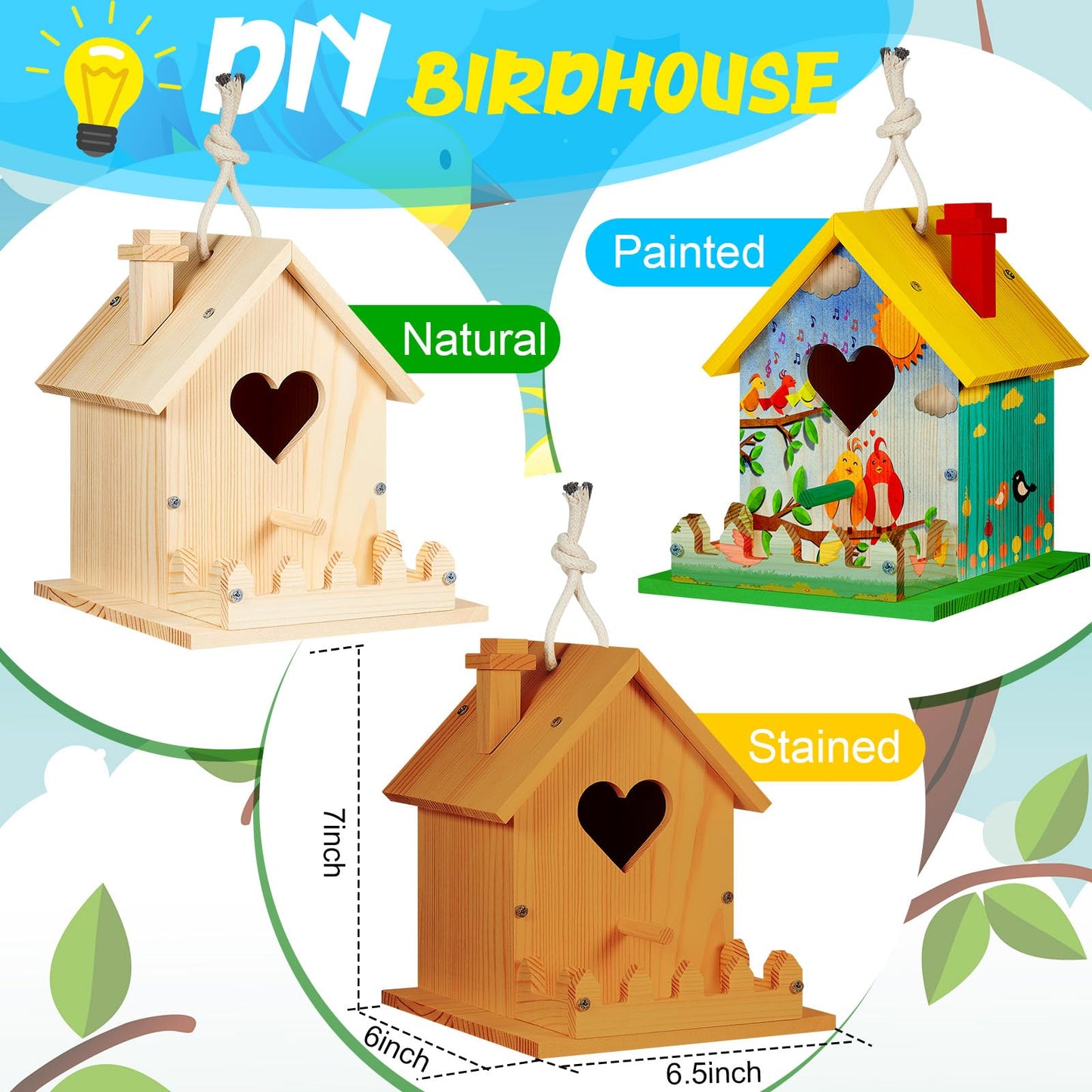 Juexica 2 Pack Bird House Kit Wooden DIY Birdhouse to Paint Build a Bird Bungalow Birdhouse Crafts to Build Family Home Arts and Craft Projects Christmas Birthday Party Gift(Love Shaped)