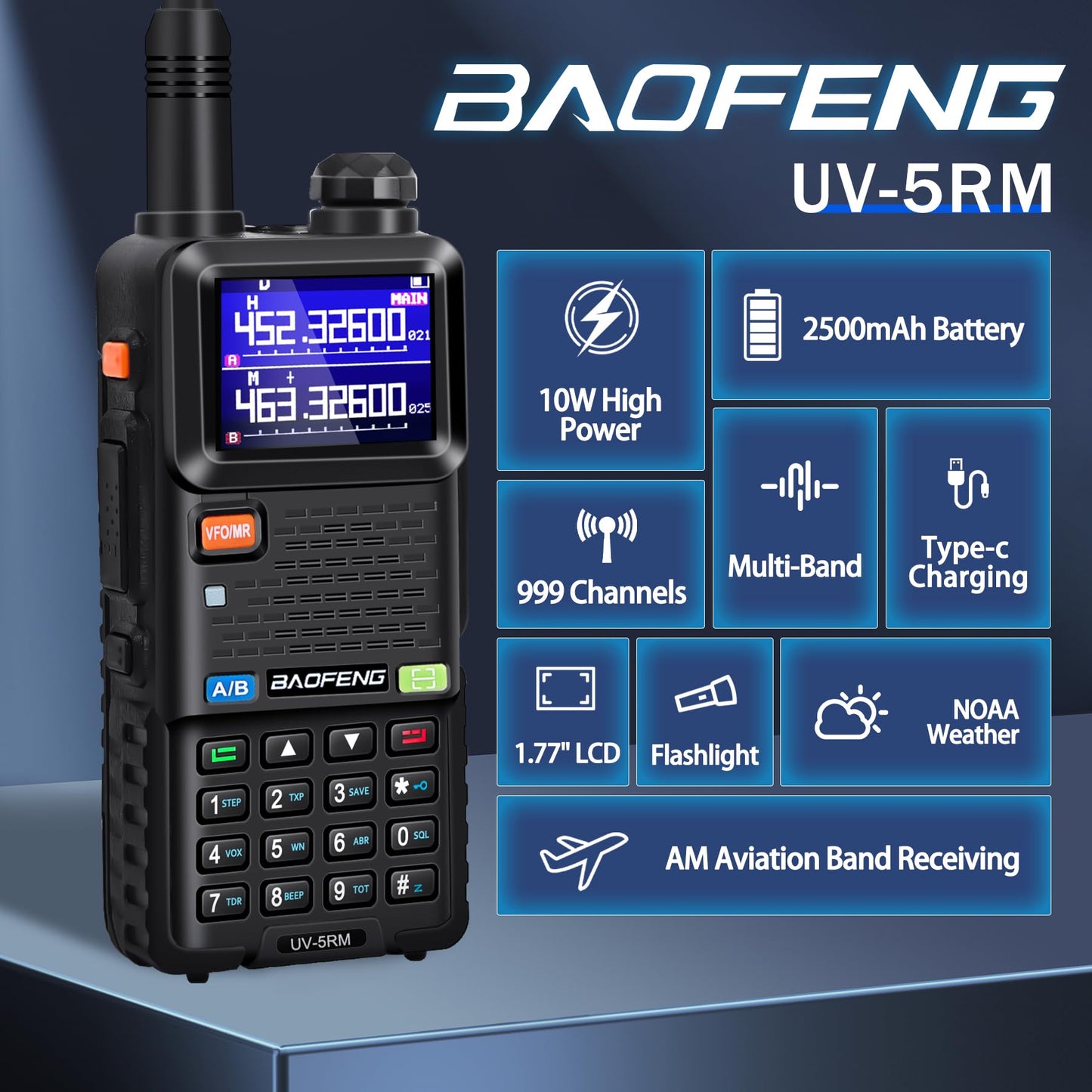 BAOFENG 5RM Ham Radio 10W Long Range Handheld NOAA Weather Receiver 2500mAh Battery UV-5RM Radio with Programming Cable,Speaker Mic,Tactical Antenna,Type-C Charging,2Pack