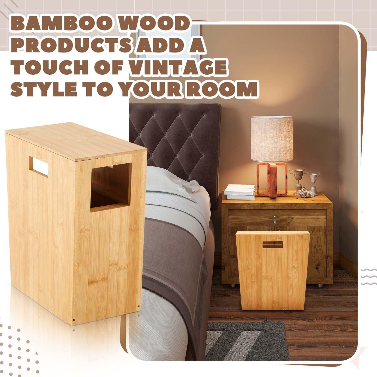 Reallnaive Slim Bamboo Trash Can for Bathroom Small Wooden Trash Can with Lid Wooden Waste Bin with Handle for Bathroom, Home, Office, Laundry, Bedroom, Kitchen, Living Room,12.9'' x 6.4'' x 13.3''