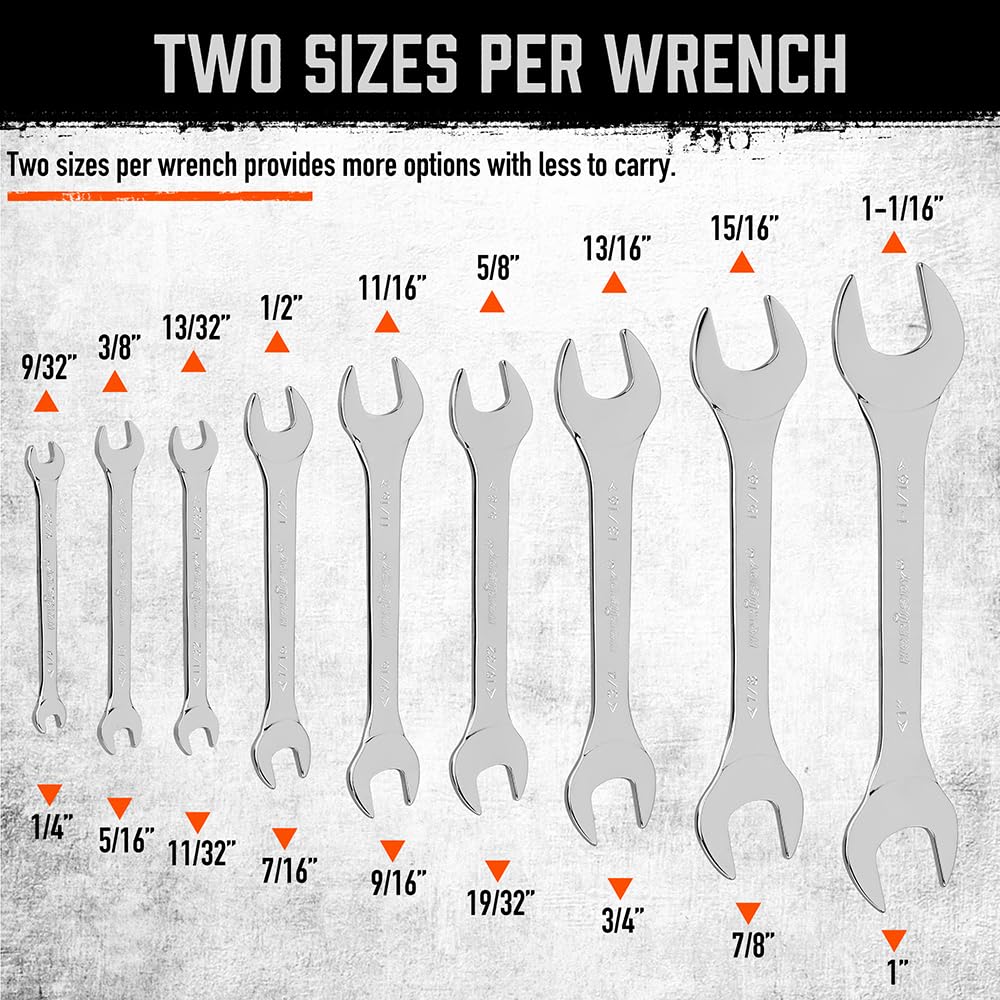 HORUSDY Thin Open End Wrench Set | Bike Wrench Set with Rolling Pouch | 19-Piece SAE & Metric | CR-V Steel | 1/4" to 1-1/16" & 5.5mm to 27mm for Mechanics