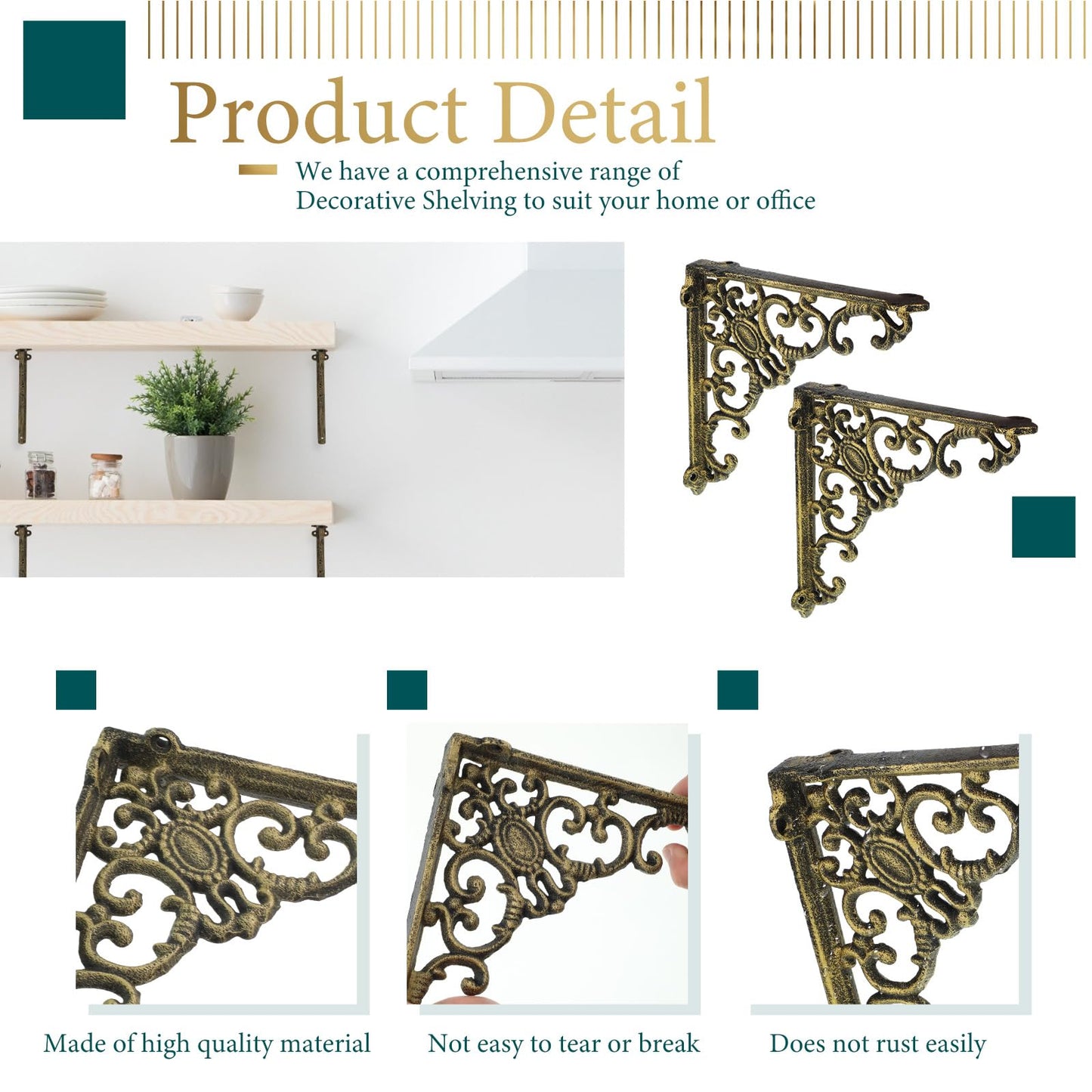 Lounsweer 8 Pcs Heavy Duty Antique Brass Shelf Brackets 8'' Wall Mounted Shelf Brackets Decorative Floating Rack Shelving Hardware for Kitchen Bathroom Home Cabinet Shelves Support (Classic)
