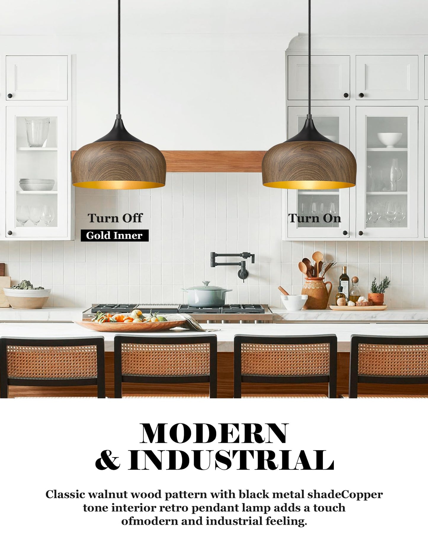 ELYONA Modern Bauhaus Pendant Light Walnut Wooden Pattern Dome Pendant Light Fixture Matte Black Metal Gold Inner Adjustable Hanging Lighting for Kitchen Island Dining Room Office Hallway Bedroom