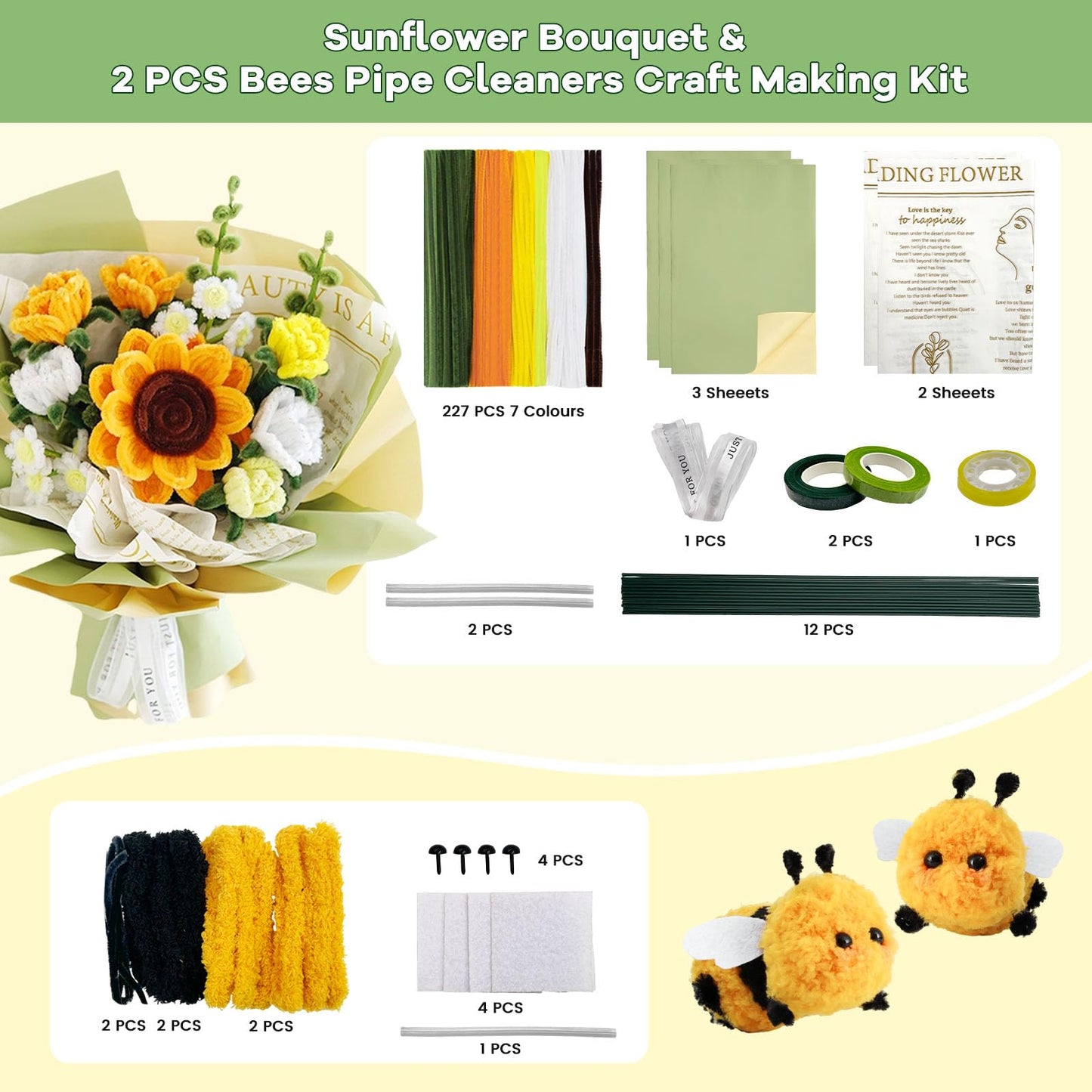 SNAIL GARDEN Pipe Cleaners Craft Kit with Wrapping Paper, Pipe Cleaner Flower Kit with 2 Bees, DIY Sunflower Flower Making Kit with Step by Step Video Tutorial for Beginners, Adults
