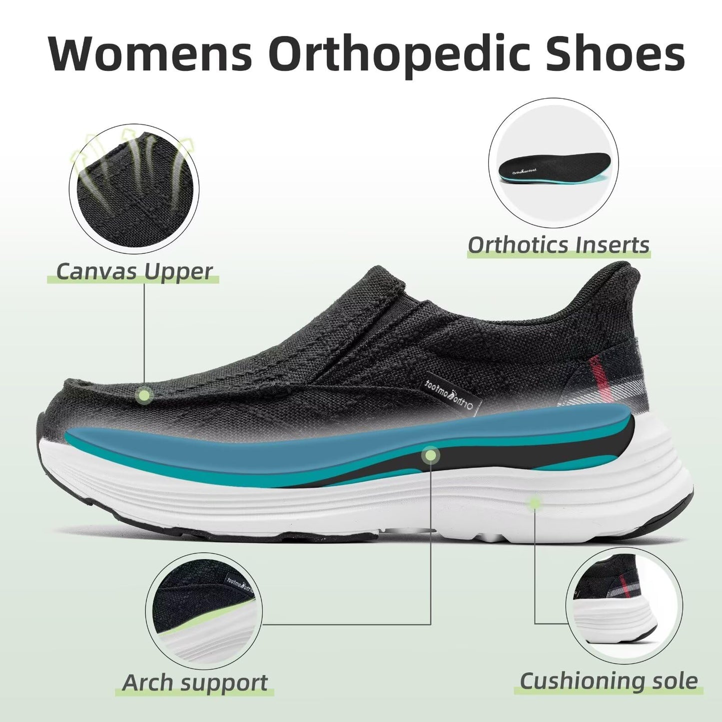 Women's Orthopedic Hands Free Slip Ins Loafers Walking Shoes: Thick Sole Plantar Fasciitis Shoes for Foot Pain Relief, Casual Soft Canvas Loafers with Arch Support for Flat Feet Black Size 9.5
