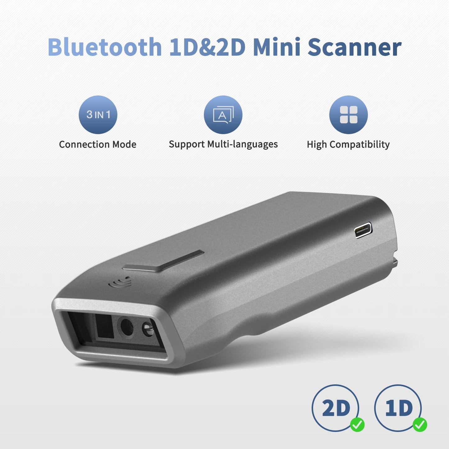 NetumScan Mini QR Bluetooth Barcode Scanner, 3-in-1 Automatic 1D 2D Wireless Barcode Reader for Inventory, Small Bar Code Scanner for POS, Computer, Tablet, iPhone, iPad, iOS, Android