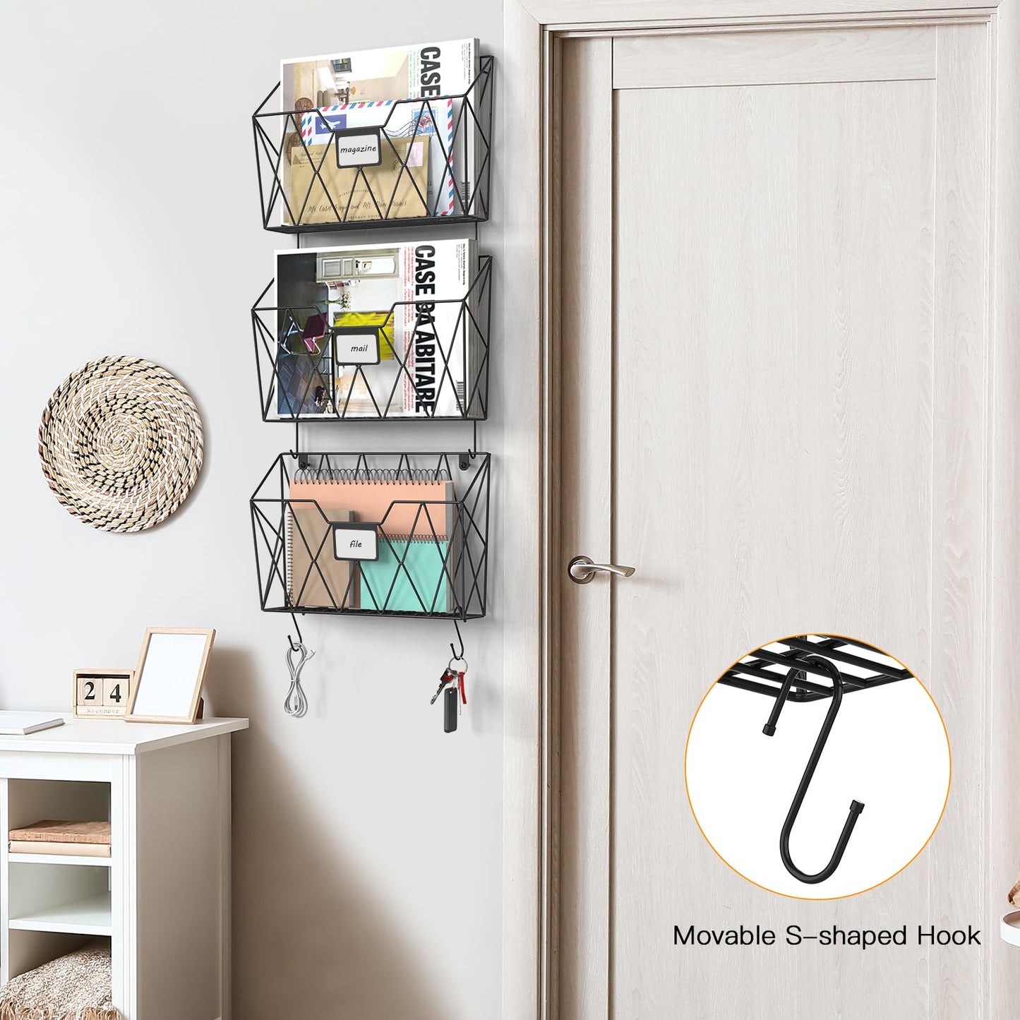 YBING Wall File Organizer Mesh Hanging Wall-mount Files Holder 6 Pack Hanging Wire Magazine Rack and Mail Holder with Hooks Office Wall Organizer for Papers Folders Files Clipboard Black