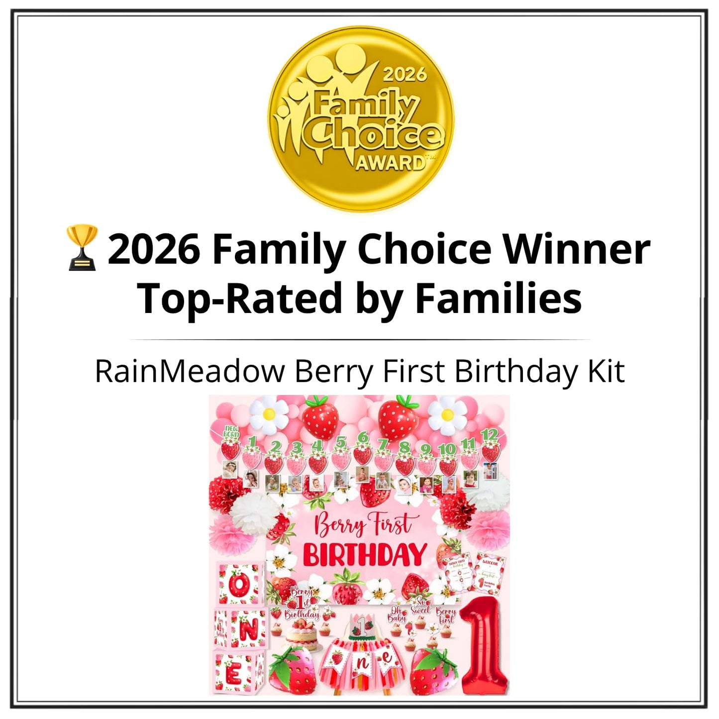 RainMeadow Premium Berry First Birthday Decorations Set - Strawberry 1st Birthday Decorations Girl with Banner, Balloons, High Chair Tutu, Cake Toppers, Milestone Garland & More for Baby Girls
