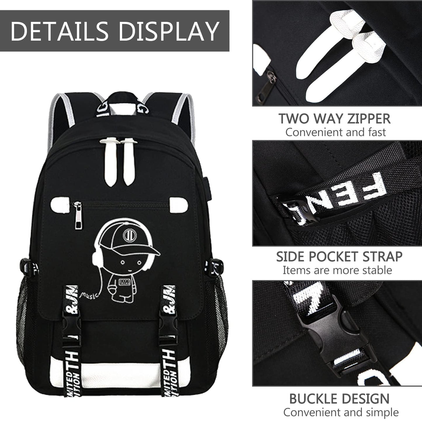 ASXMA Luminous Pattern Travel Laptop Backpack - Adjustable Shoulder Strap Waterproof Black Backpack With Usb Charging Port & Headphone Port School Backpack Includes Pencil Bag,combination Lock