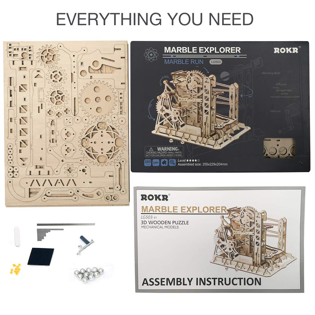 ROKR 3D Assembly Wooden Puzzle Brain Teaser Game Mechanical Gears Set Model Kit Marble Run Set Unique Craft Kits Christmas/Birthday/Valentine's Gift for Adults Age 14+
