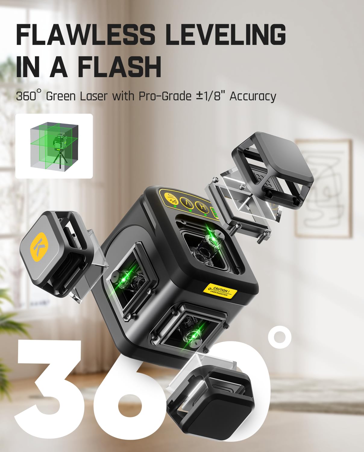 Fanttik D12 Ace Laser Level 360 Self Leveling, 3x360° Rechargeable 3D Green Cross Laser, Outdoor Pulse Mode, IP54 Durable, Easy to Use for Construction and Picture Hanging