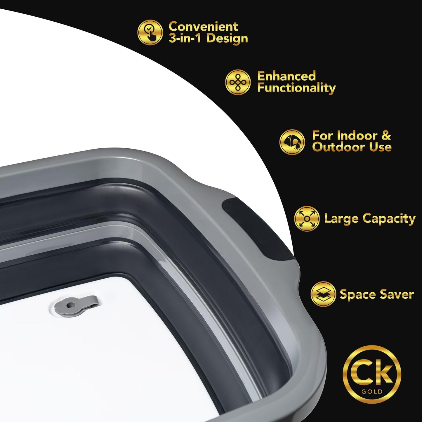 CK GOLD New XL Collapsible BBQ Prep Tub with LOCKING Lid, Cutting Board & Drain Hole | BPA-Free, Food-Grade, Space-Saving Prep Tubs for Marinating, Grilling, Camping & Outdoor Cooking (Black, 16L)