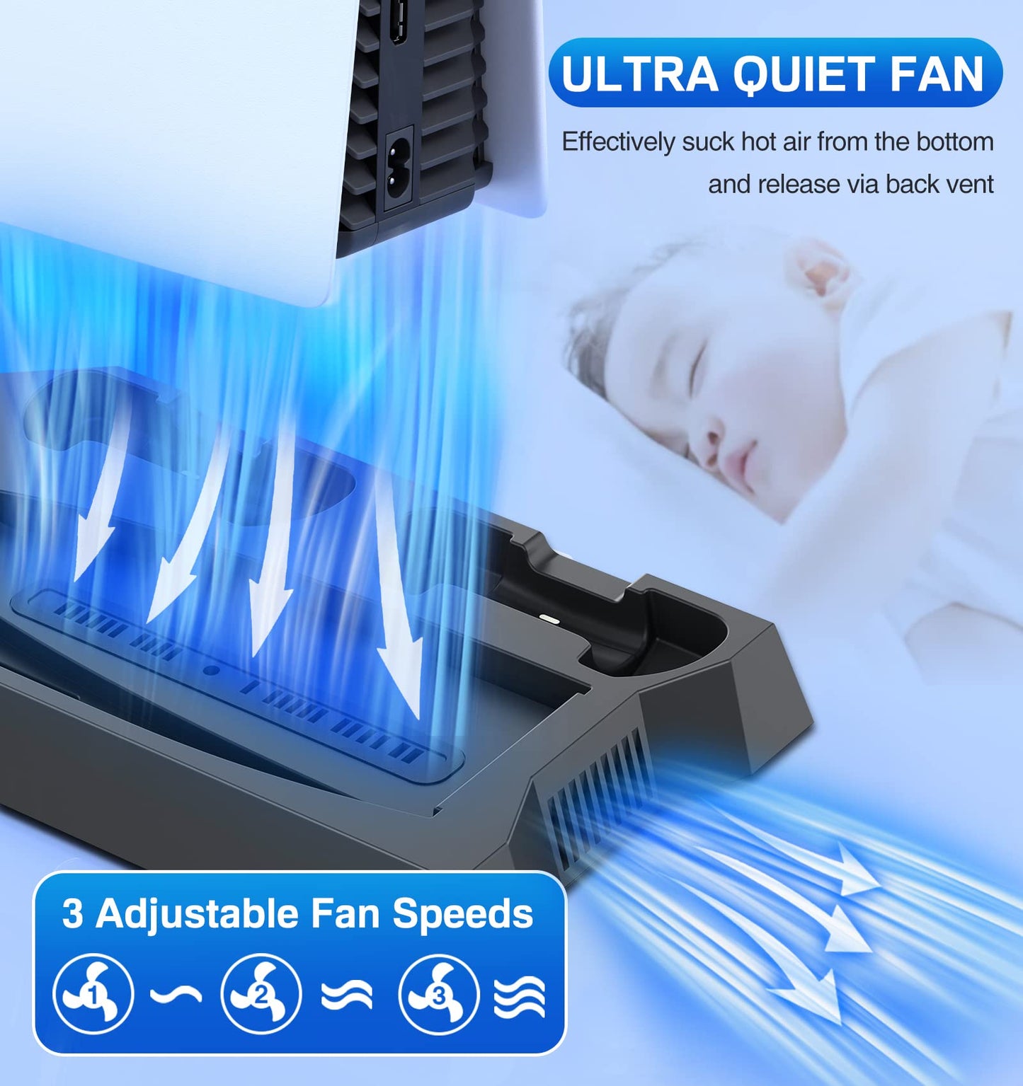 PS5 Stand with Cooling Station PS5 Controller Charging Station for Playstation 5 PS5 Console Edition, PS5 Accessories-Cooler Fan/Remote Charger/Headset Holder(Not Fit 2023 PS5 Slim Disc/Digital)