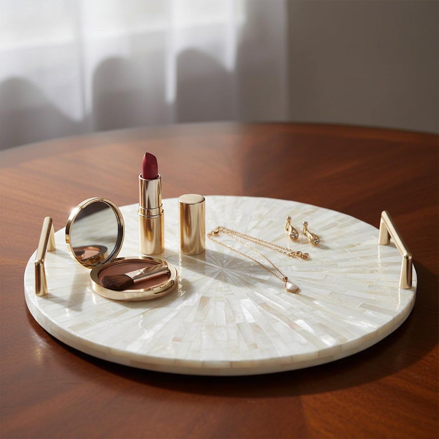 PEMAR Mother of Pearl Decorative Tray, 13"" Round with Gold Metal Handles, Vanity/Perfume/Trinket Tray, Catchall for Dresser, Bathroom, Vanity Table (White Sunlight)