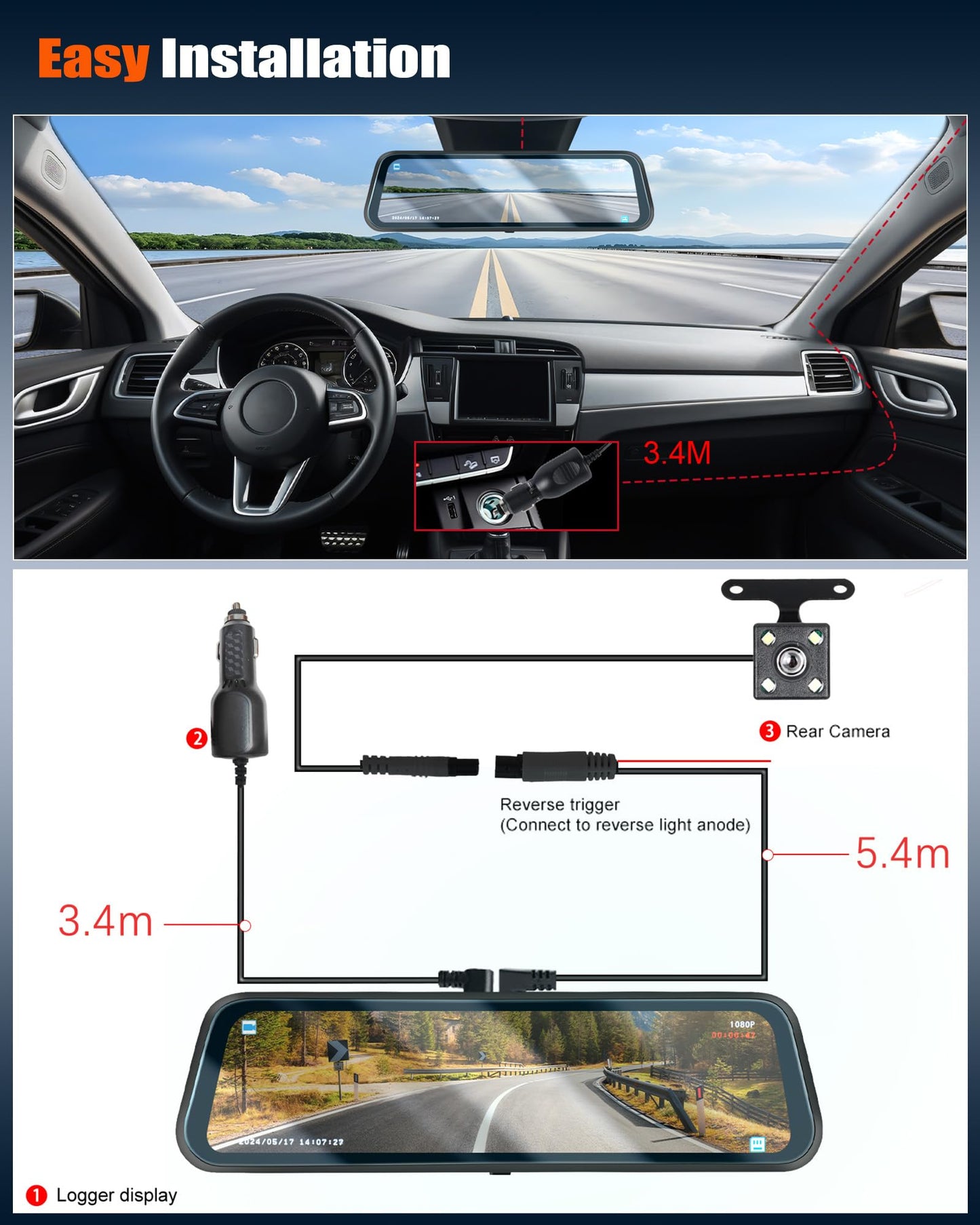 9.66" Mirror Dash Cam,1080P Touchscreen Rear View Mirror Front and Rear View Dual Cameras,Super Night Vision,G-Sensor,Loop Recording,Parking Assistance,24H Parking Monitor,HD Waterproof Backup Camera