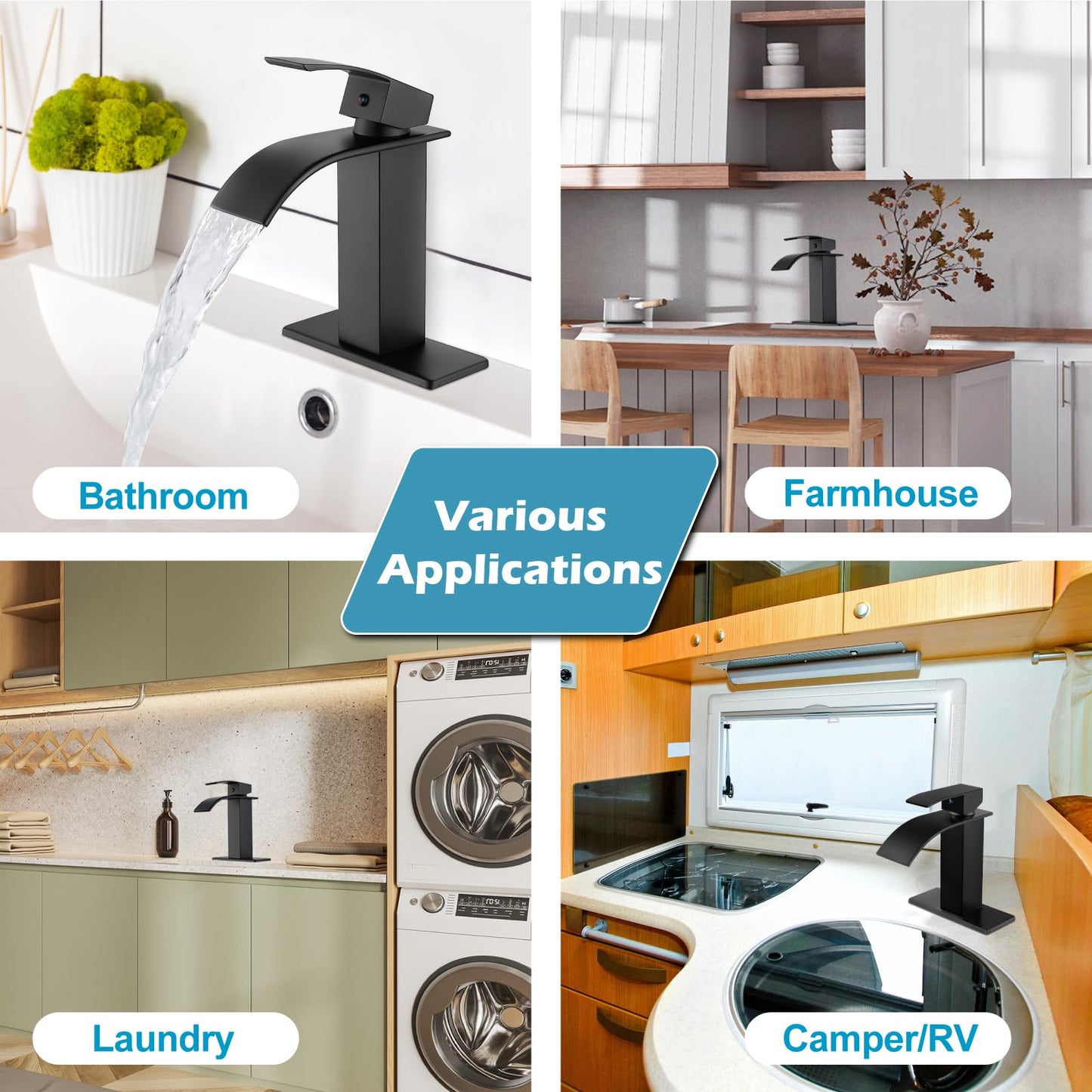 Midanya Matte Black Bathroom Sink Faucet Waterfall Spout Single Handle 1 Hole Deck Mount Mixer Tap Lavatory Vanity Sink Faucet Commercial with Deck Plate and Pop Up Drain