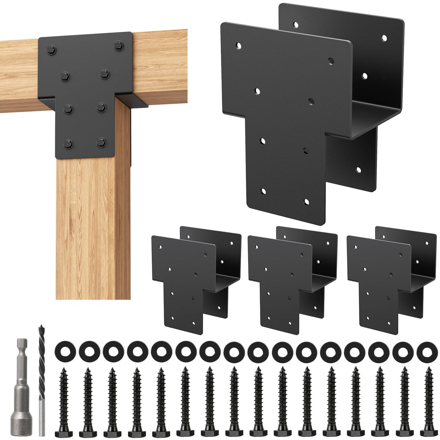 4x4 Post Caps Tie Brackets (Actual 3.5"x3.5") -4 Pack Heavy Duty Galvanized Steels Pergola Connector Brackets for Wood Posts, Gazebo & Deck Beams (Black)