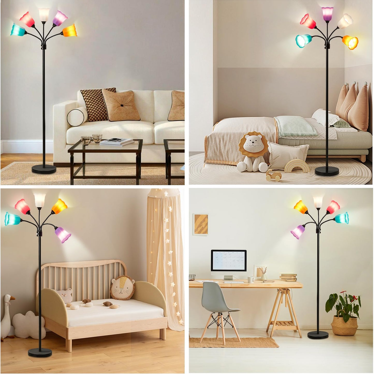 GyroVu Medusa LED Floor Lamp, Multi Head Modern Tall Lamp with Adjustable Gooseneck Standing Lamps Led Tall Lamp for Living Room Bedroom Kids Room Office 6 Color Lampshades Bulb Not Included Black