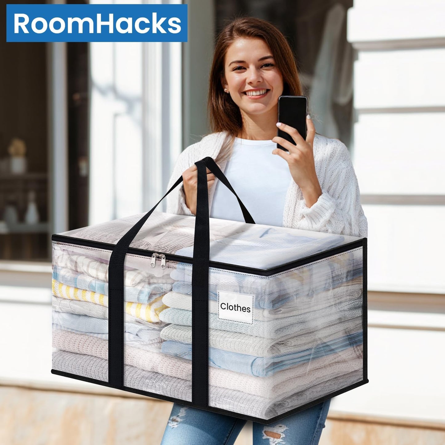 RoomHacks Clear Moving Bags Heavy Duty Extra Large, Moving Supplies with Reinforced Handle and Double Zipper, Storage Bags for Moving Essential, Packing tote Alternative to Moving Box(10 Packs, Clear)