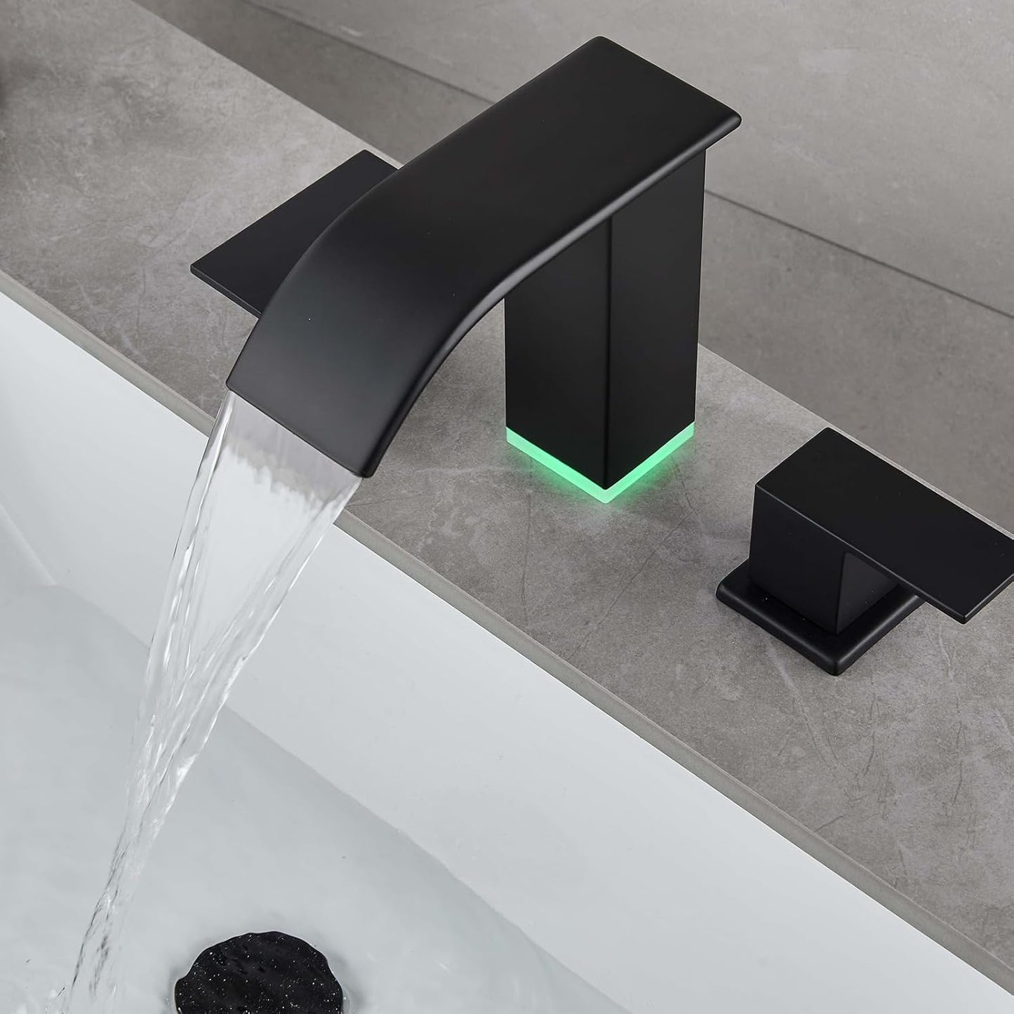 Kyatinsal LED Light Black Waterfall Bathroom Faucet 3 Holes - 8Inch Widespread Bathroom Sink Faucet | Two Handles Lavatory Vanity Sink Faucets with Pop-up Drain Assembly