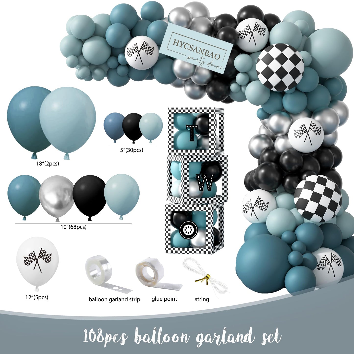 Two Fast Birthday Decorations, 2nd Birthday Decoration for Boys, Race Car Party Supplies for 2 Year Old with Balloon Garland Backdrop Tablecloth Box Crown Cake Topper