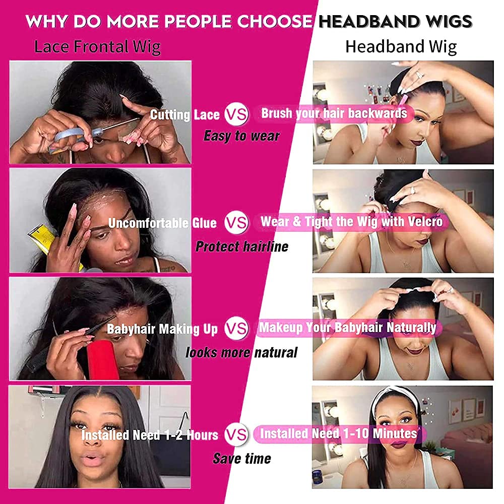 Legendhair Glueless Curly Headband Wig Human Hair Headband Wigs for Black Women Curly Wave None Lace Front Wigs with Headband Attached Machine Made Half Wigs Natural Color(14Inch)