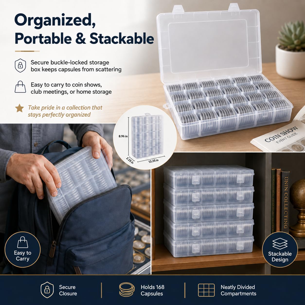 FULLCASE Coin Holders for Collectors–168Pcs Coin Capsules with 6-Size Foam Gaskets (20-46mm) for Silver Dollars Eagles & Foreign Coins, Airtight Coin Storage Box Organizer Collecting Supplies