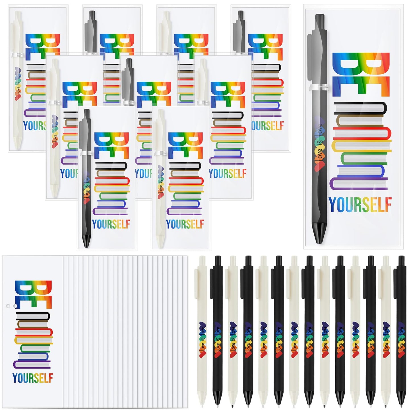 Spakon 300 Sets Rainbow Gay Pride Gift Include Retractable Writing Ballpoint Pen Paper LGBT Greeting Cards OPP Bags for Lesbian Pride Month Love Is Love Anniversaries Women Men Office Supplies