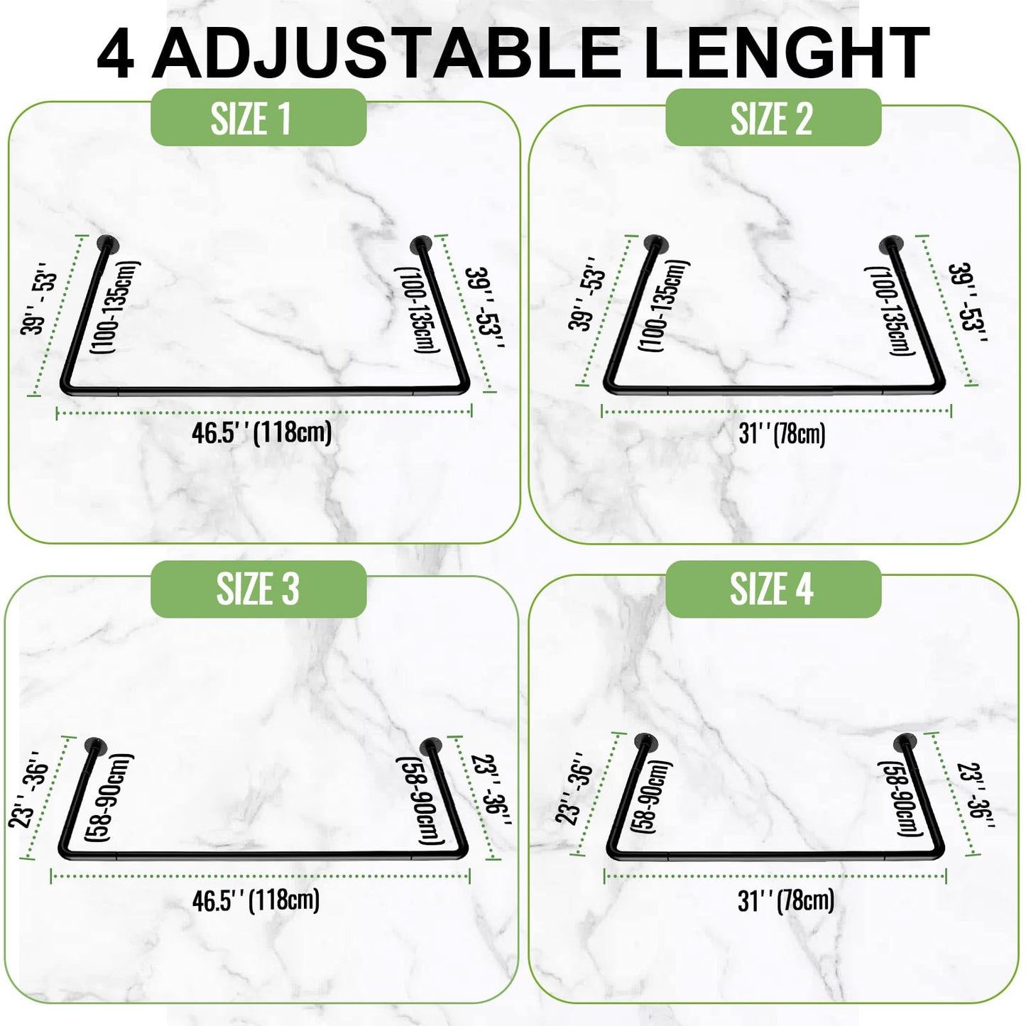 U Shaped Shower Curtain Rod, [Both Sides: 23"-52", Middle: 31"-46.5"] Adjustable U Shape Shower Rod Black Outdoor Corner Curtain Pole for Bathroom Bathtub with Ceiling Support & 12 Hooks