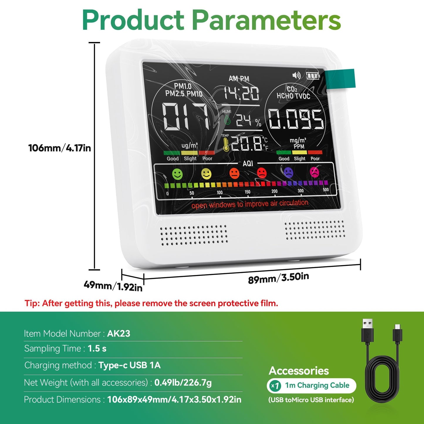 16-in-1 Air Quality Monitor Indoor with 7AQI Beep Alarm, CO2 Monitor, Air Quality Detector with PM1.0 | PM2.5 | PM10 | Temp | HUM | Formaldehyde | VOC Tester for Home Office Plant (White)
