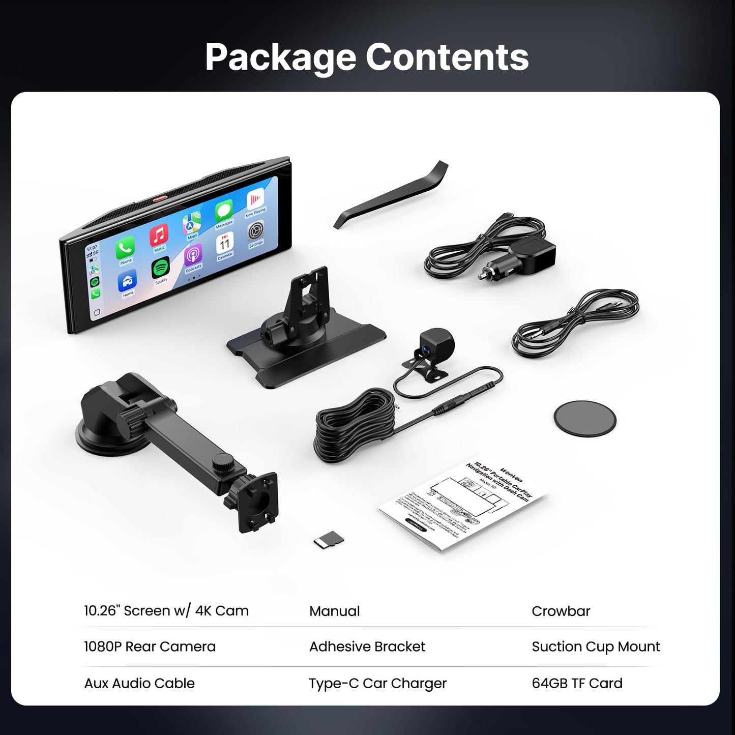 WonVon Wireless Car Play Screen, 10.26'' Monitor with Apple Carplay & Android Auto, 4K Dash Cam 64G, 1080P Backup Camera, Portable Smart Touch Tablet Stereo Multimedia Dashboard, Bluetooth/FM/GPS/AUX