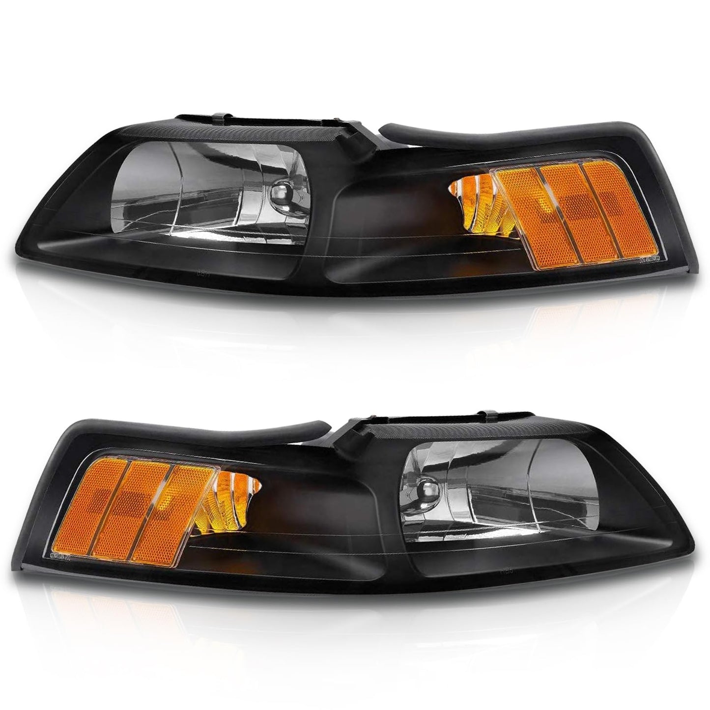1999-2004 Mustang Headlight Assembly for 1999 2000 2001 2002 2003 2004 Ford Mustang with Black Housing Amber Reflector Clear Lens Pair Driver and Passenger Side(not projector headlights)