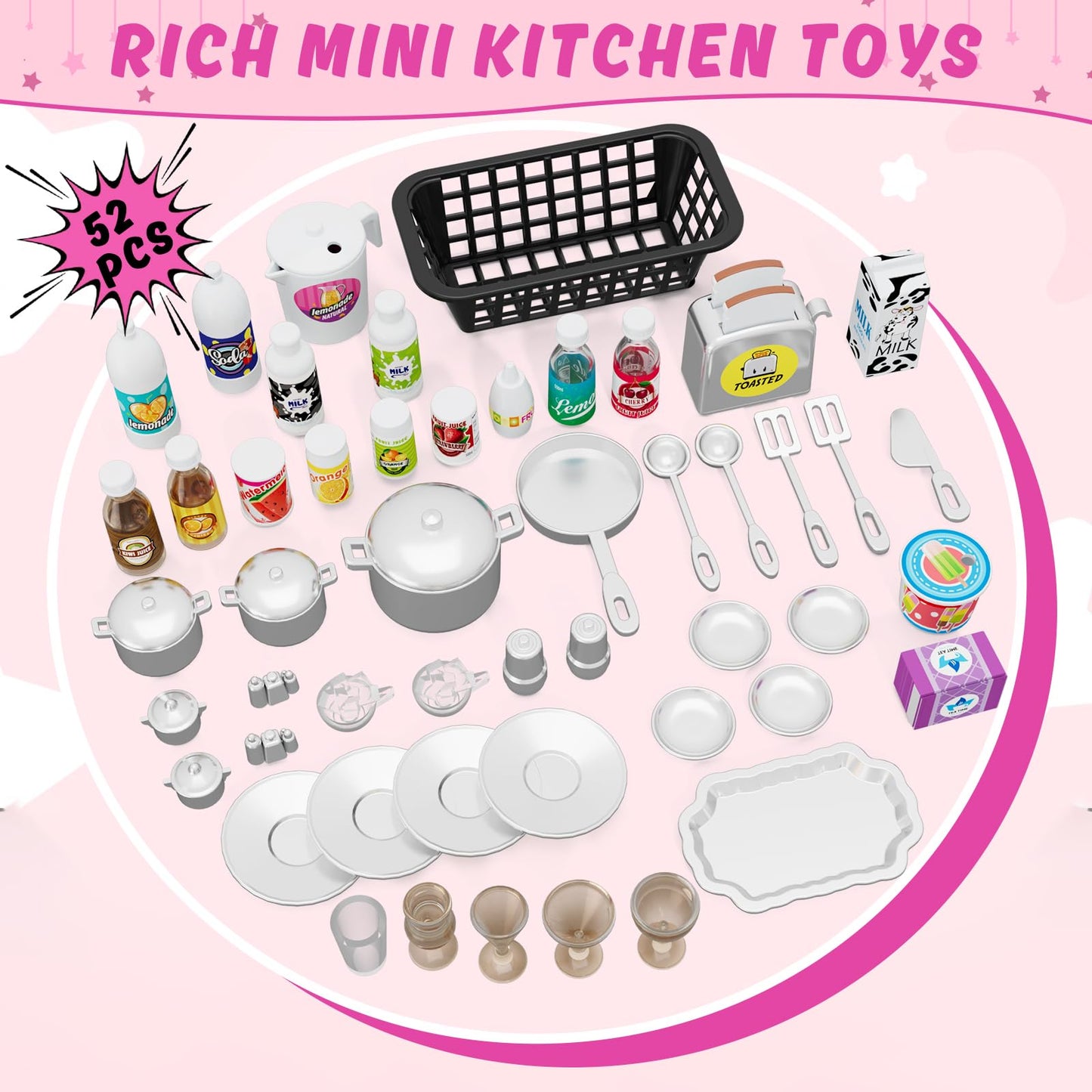 Wee Wonders 57 PCS Kitchen Playset for Girls, 5-in-1 Toddler Mini Kitchen with Realistic Lights & Sounds, Doll Kitchen House Toy, Mini Furniture Pretend Play Toys for Kids Age 3+, Pink
