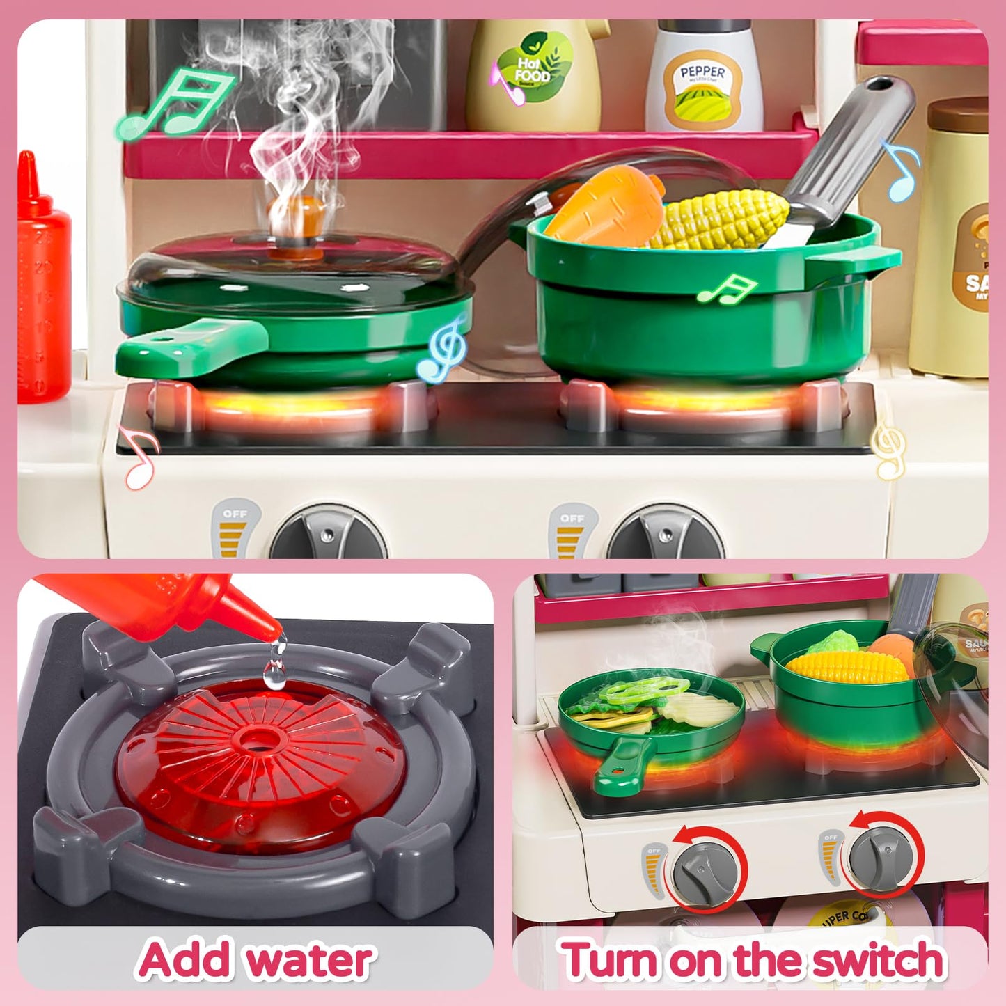 Letapapa Kids Pretend Play Kitchen Set, Kitchen Toys with Realistic Sound & Light, Cooking Stove, Sink, Play Food and Kitchen Accessories, Pretend Kitchen Playset Gifts for Toddlers Girls Boys(Red)