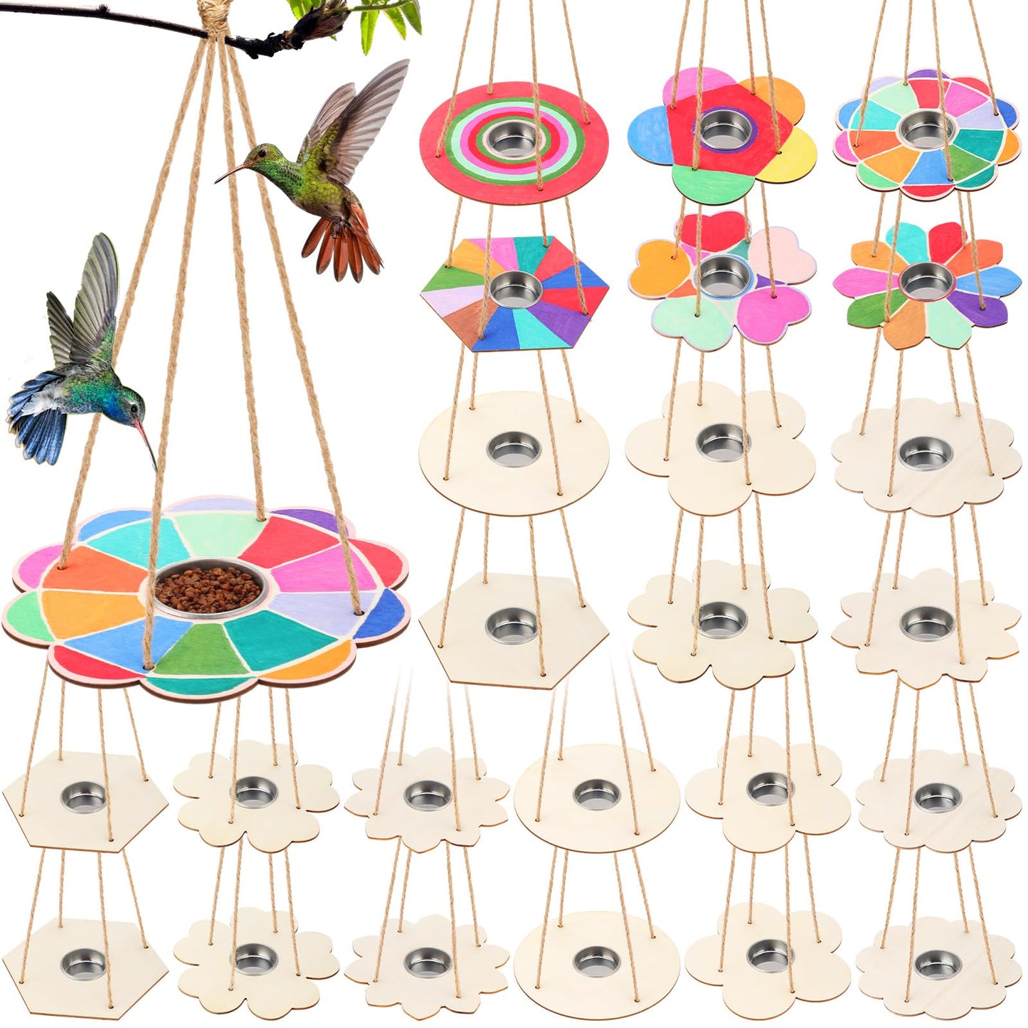 DoubleFill 72 Pcs Bird Feeder Craft Kits for Kids Ages 3-8 Make Your Own Bird Feeders Kids Arts and Crafts DIY Wooden Art Painting Flock Feeders for Outside DIY Craft for Garden Outdoor Decoration