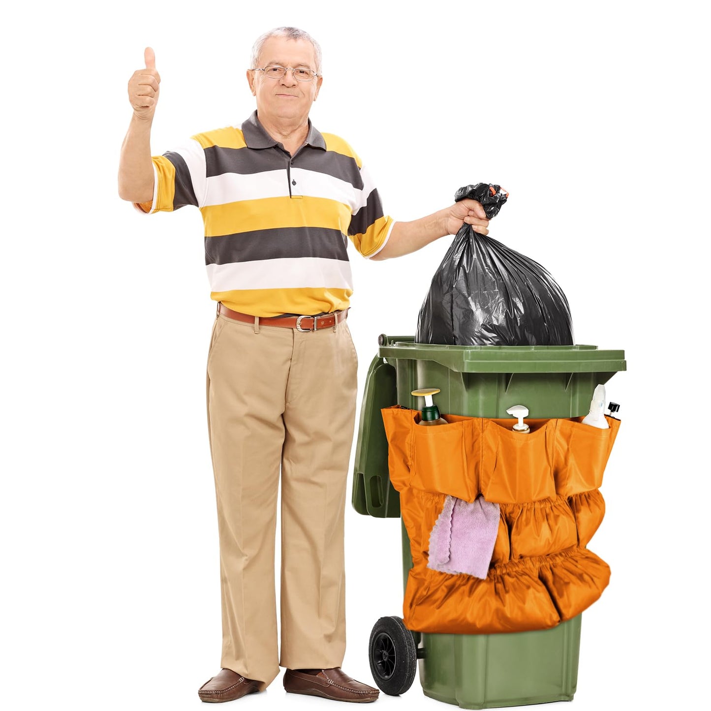 Frienda 4 Pcs Trash Can Caddy Bag Cleaning Caddy Bag for Garbage Bins Trash Holder Cart Garbage Bin Storage Organizer, Fits 32-50 Gallon Can, Janitorial Storage Cleaning Supplies (Yellow)
