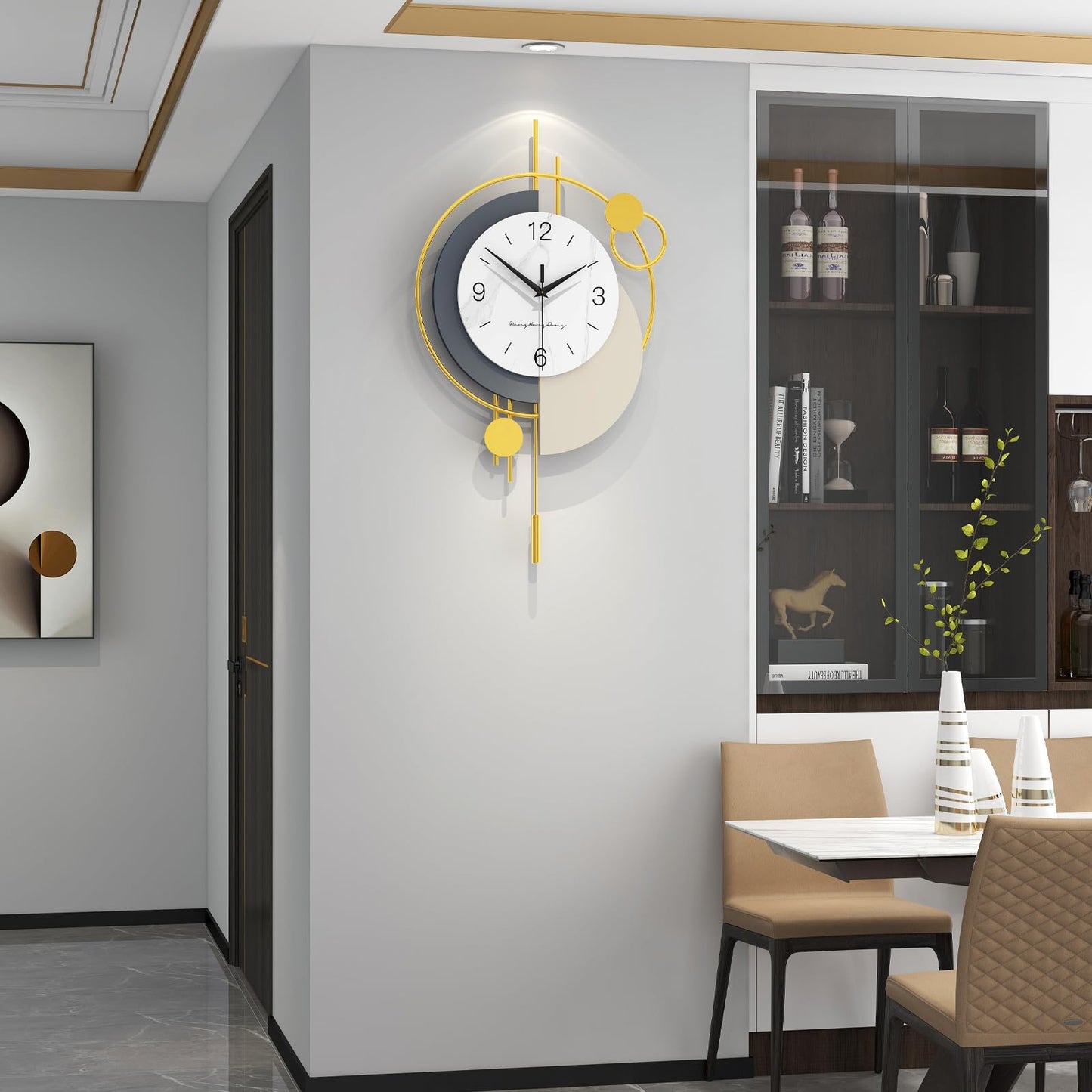 FLEBLE Decorative Wall Clock Silent Quality Quartz Wall Clock with Pendulum Battery Operated Large Clock for Living Room,Kitchen,Home,Bathroom,Bedroom Wall Decor,18x31 inches